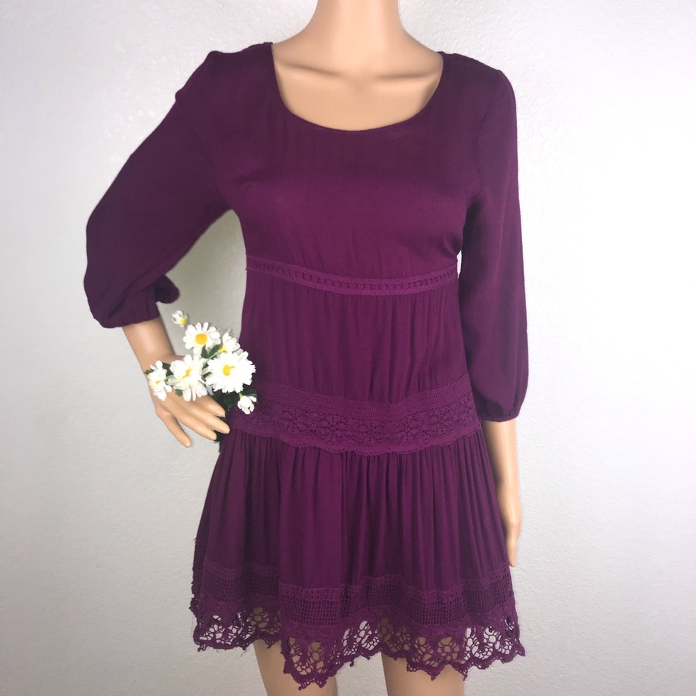 Entro Crochet Lace Raspberry Wine Mini Peasant Babydoll Dress - Picture 2 of 6